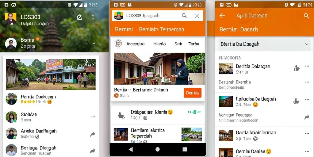 Antarmuka pengguna aplikasi LOS303 yang menampilkan berita daerah terkini.